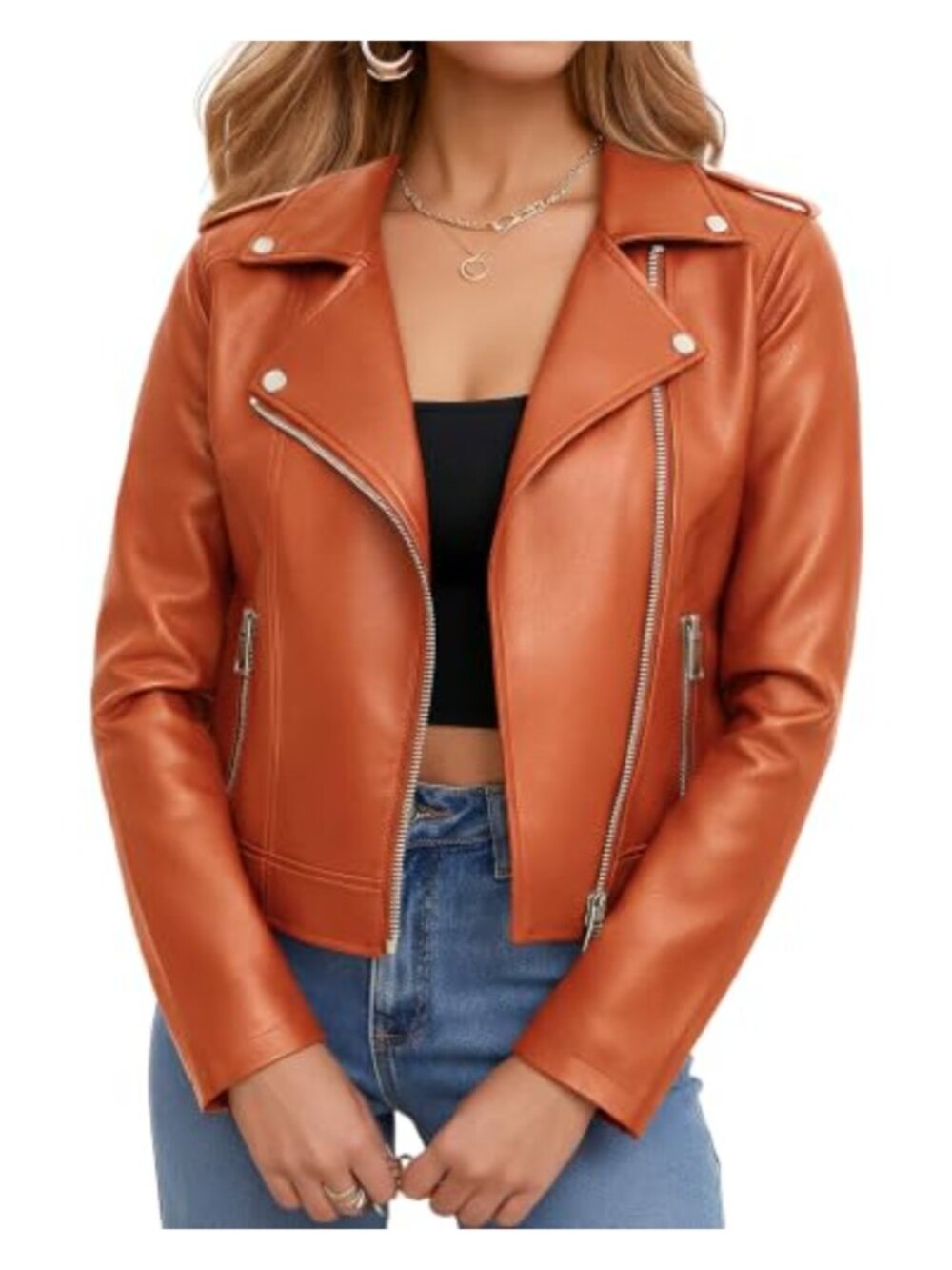 Faux Leather Cropped Moto Biker Jacket Zip Up Streetwear